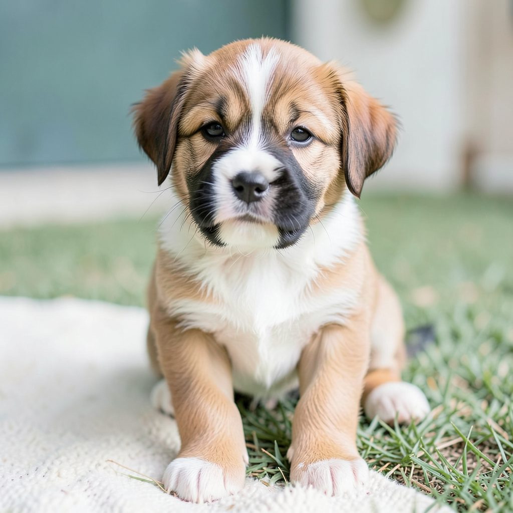 Illustration of a puppy learning potty training, warm earthy tones, encouraging and patient mood