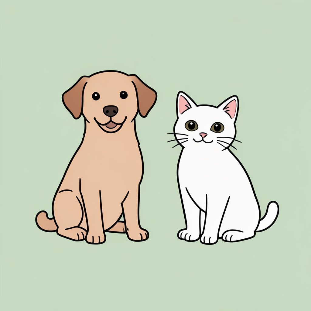 A simple flat illustration of a dog and a cat sitting side by side on a plain light green background, calm and friendly