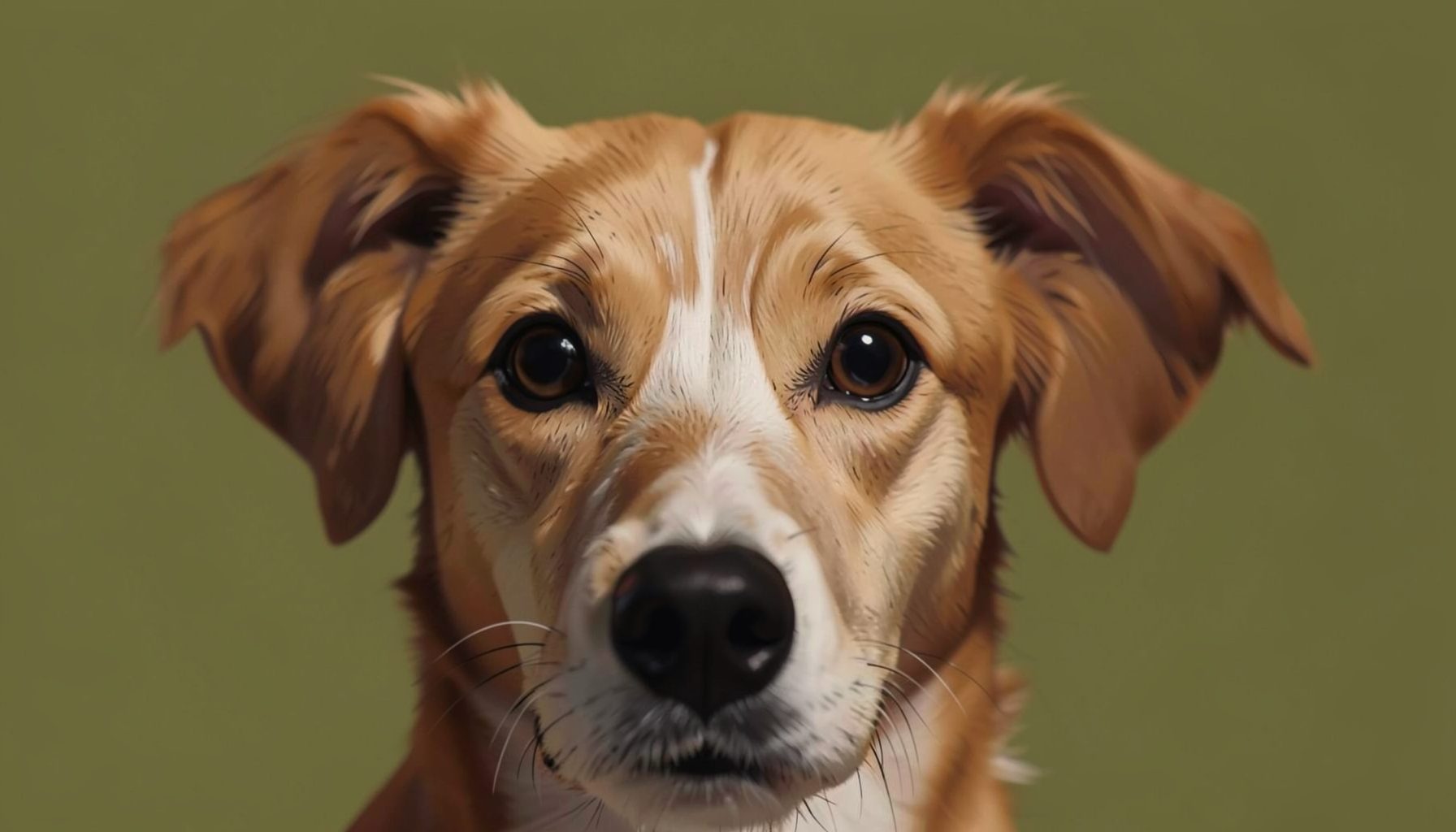 Close-up style illustration of a dog's face with wide dark eyes against a soft olive green background, gentle nighttime