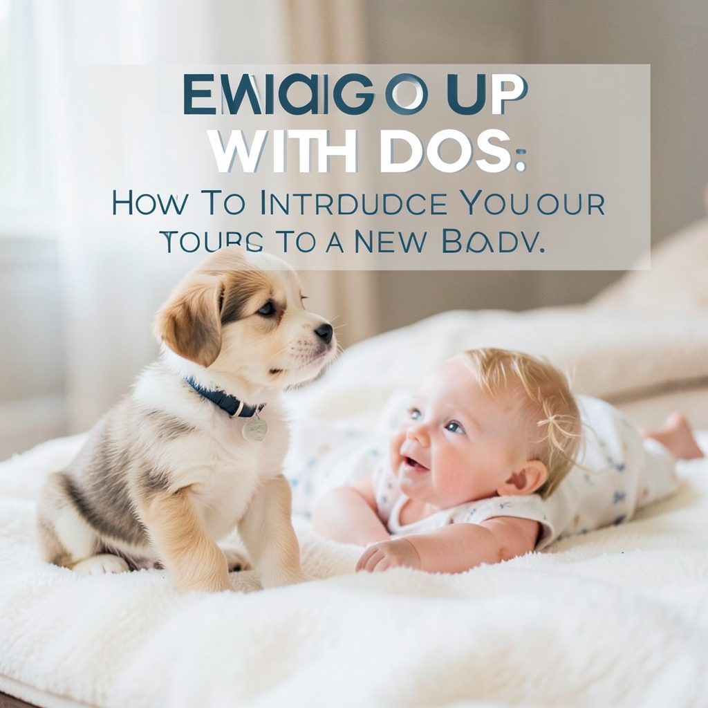 A warm illustration of a puppy meeting a baby, soft neutral tones, tender family mood