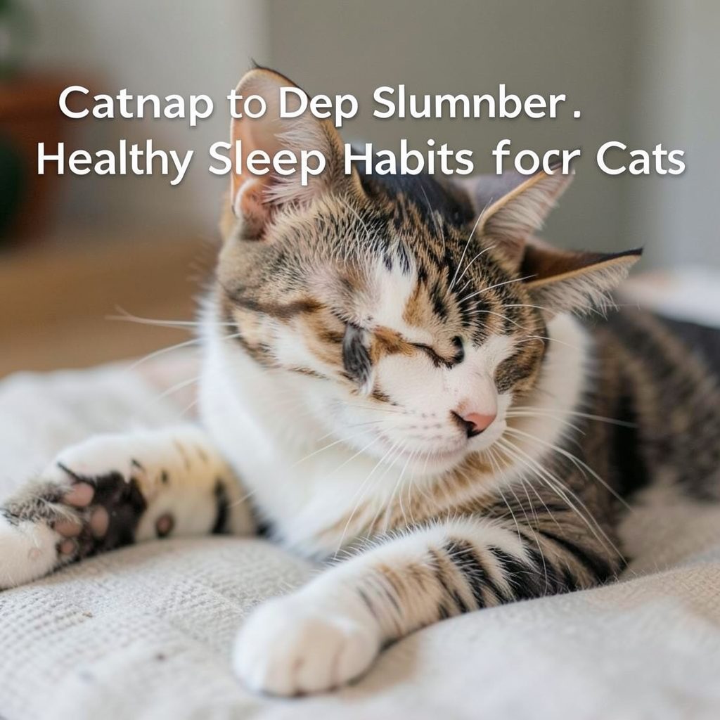 A calm illustration of a sleeping cat curled up, soft muted greens and greys, peaceful nighttime mood