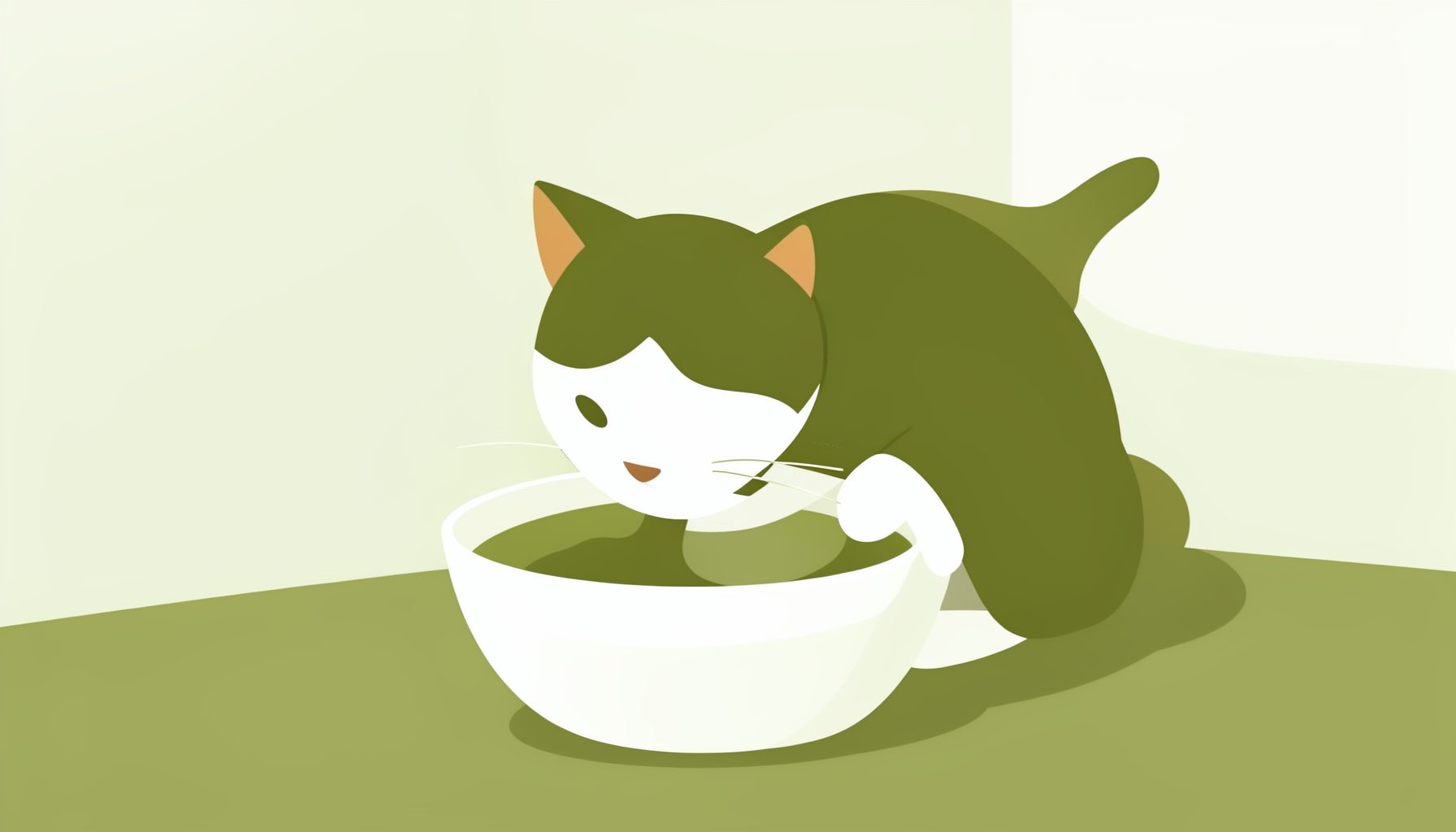Flat illustration of a cat eating from a bowl, olive green and white color palette, calm domestic mood