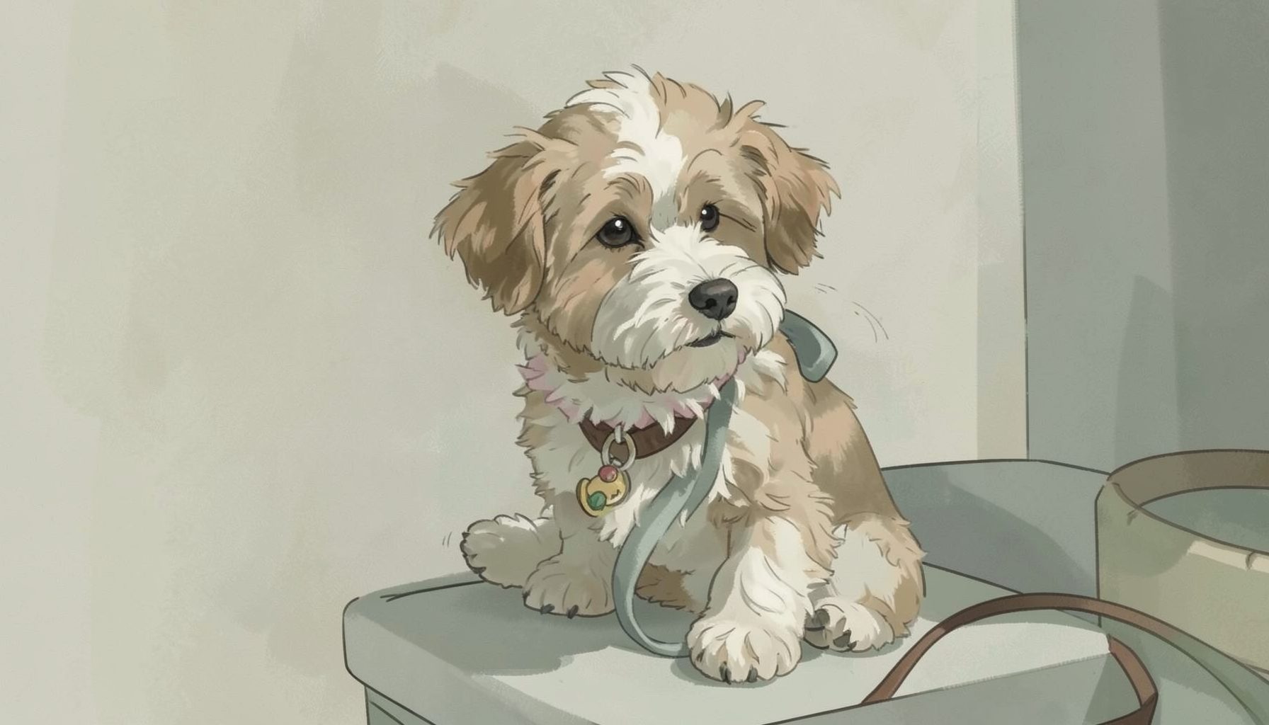 Illustration of a small fluffy dog being gently groomed, warm neutral grey and green tones, cozy mood